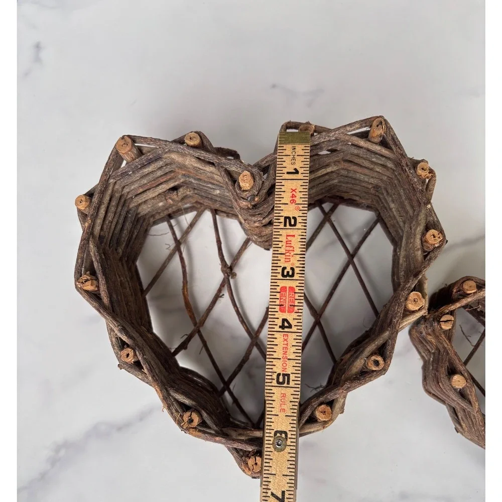 Set of 2 Rustic Woven Grapevine Heart Baskets Farmhouse Primitive Decor Brown